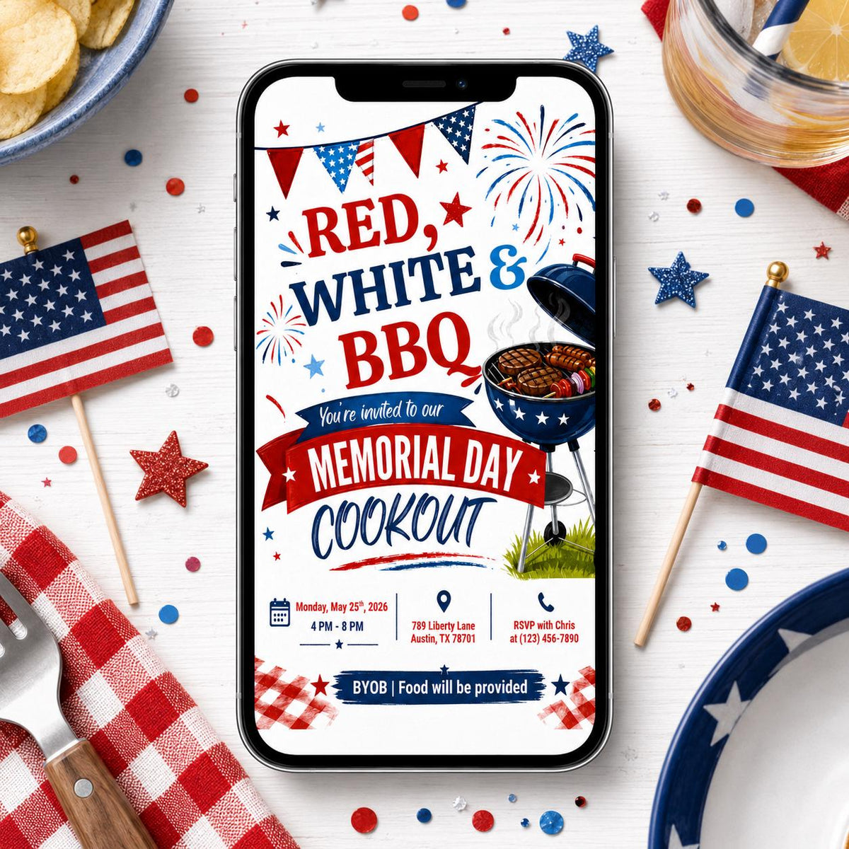 Red White and BBQ Memorial Day Cookout Invitation — print-ready Memorial Day gathering design from VoltBy