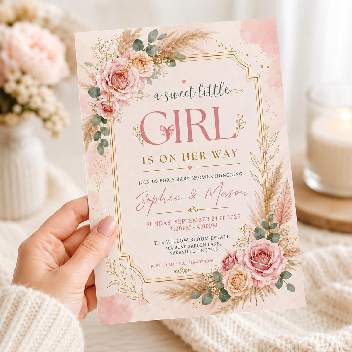 A Sweet Baby Girl is on Her Way Baby Shower Invitation — clothes and floral artwork in pink