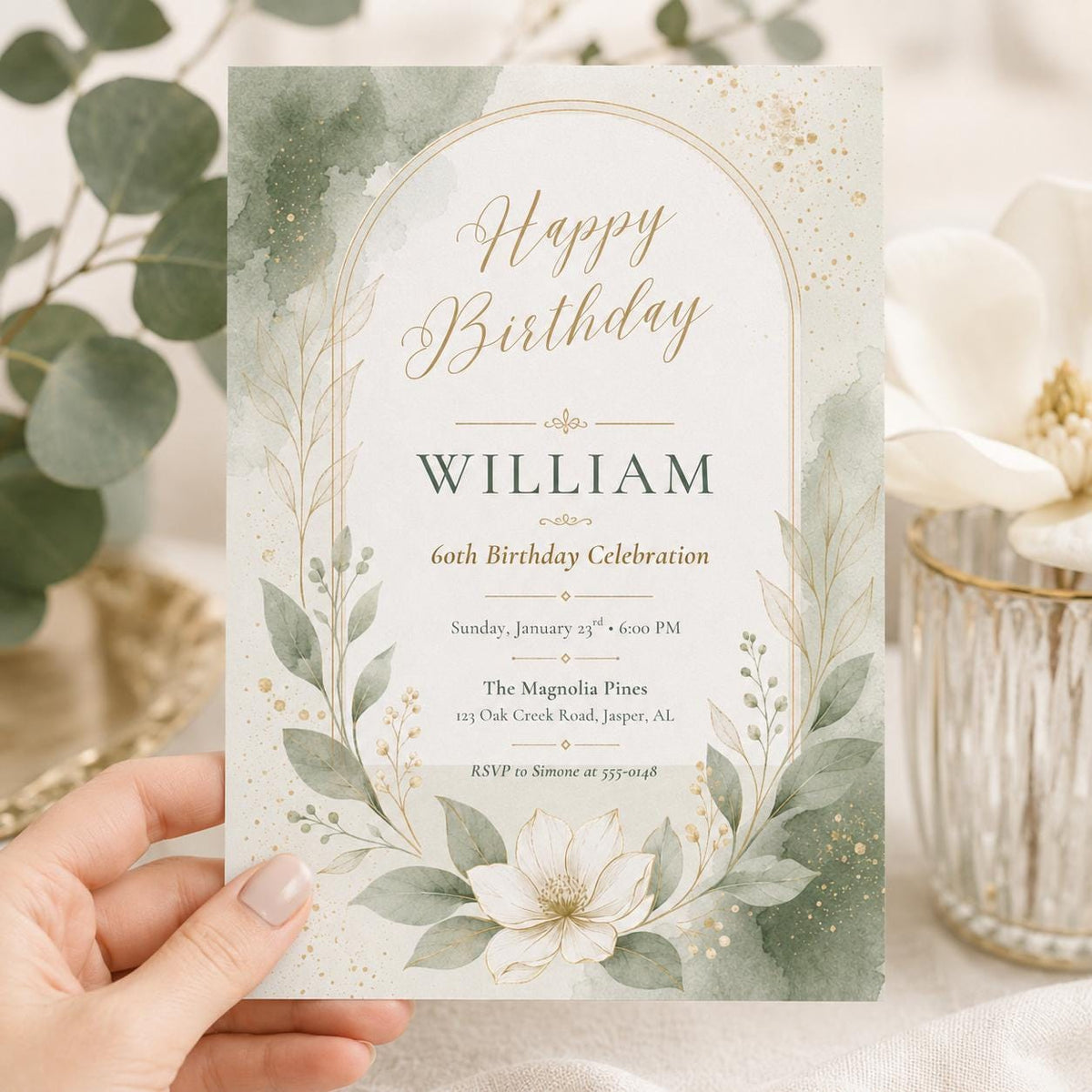 Sage Magnolia 60th Birthday Invitation — 60th birthday party stationery by VoltBy