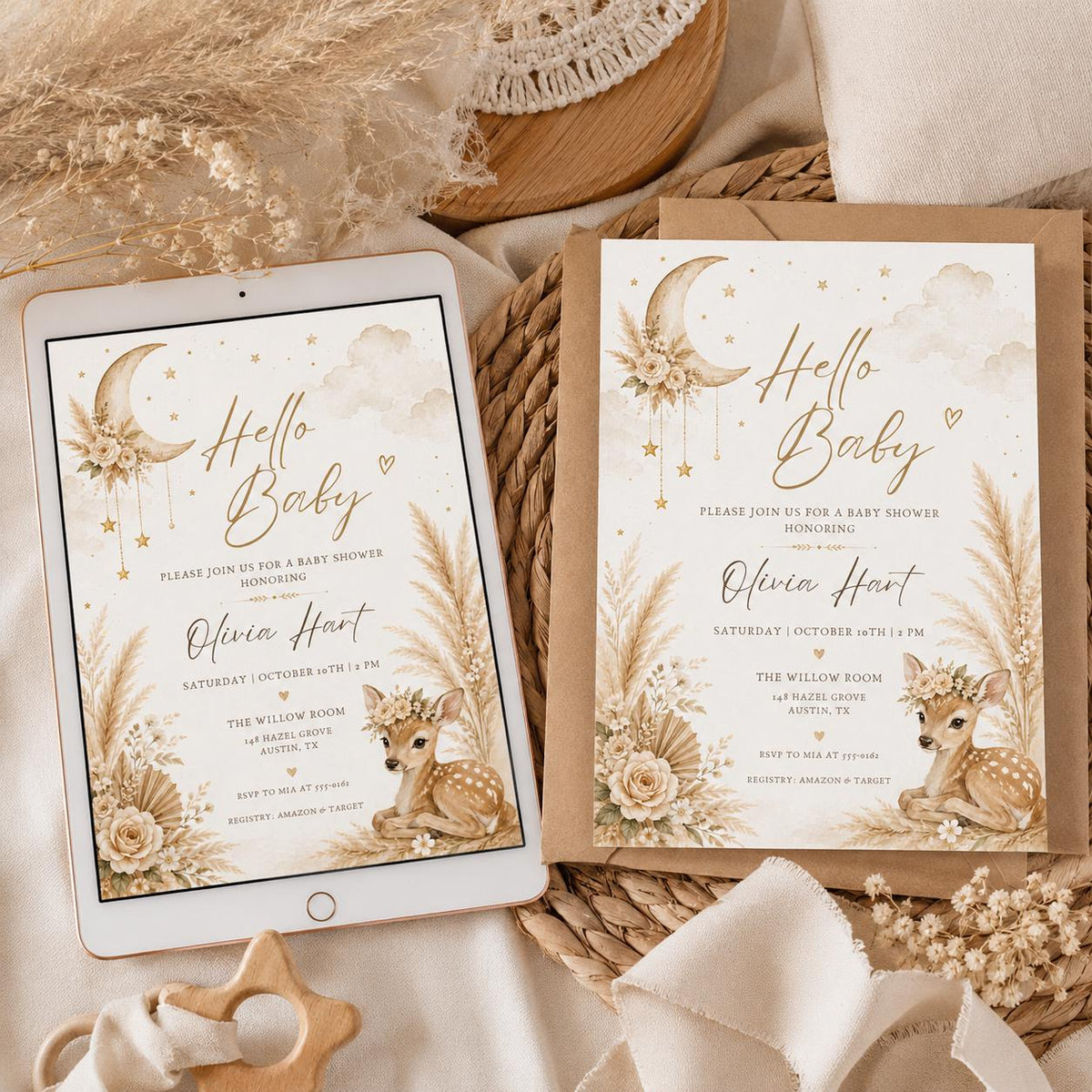 Blush Pink Elegant Boho Girl Clothesline Baby Shower Invitation — baby shower stationery by VoltBy