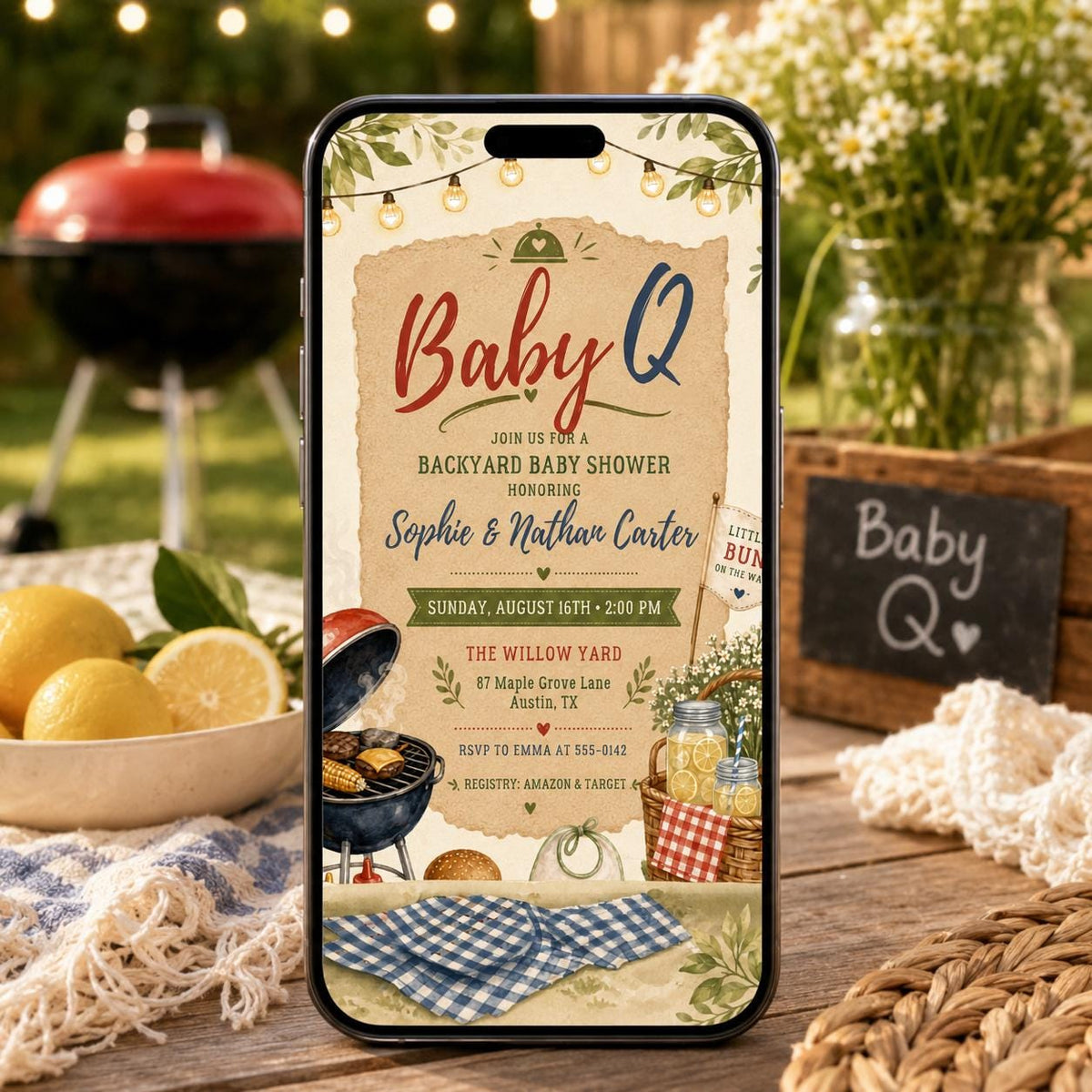 Red Gingham Baby-Q Baby Shower Invitation — baby shower stationery by VoltBy