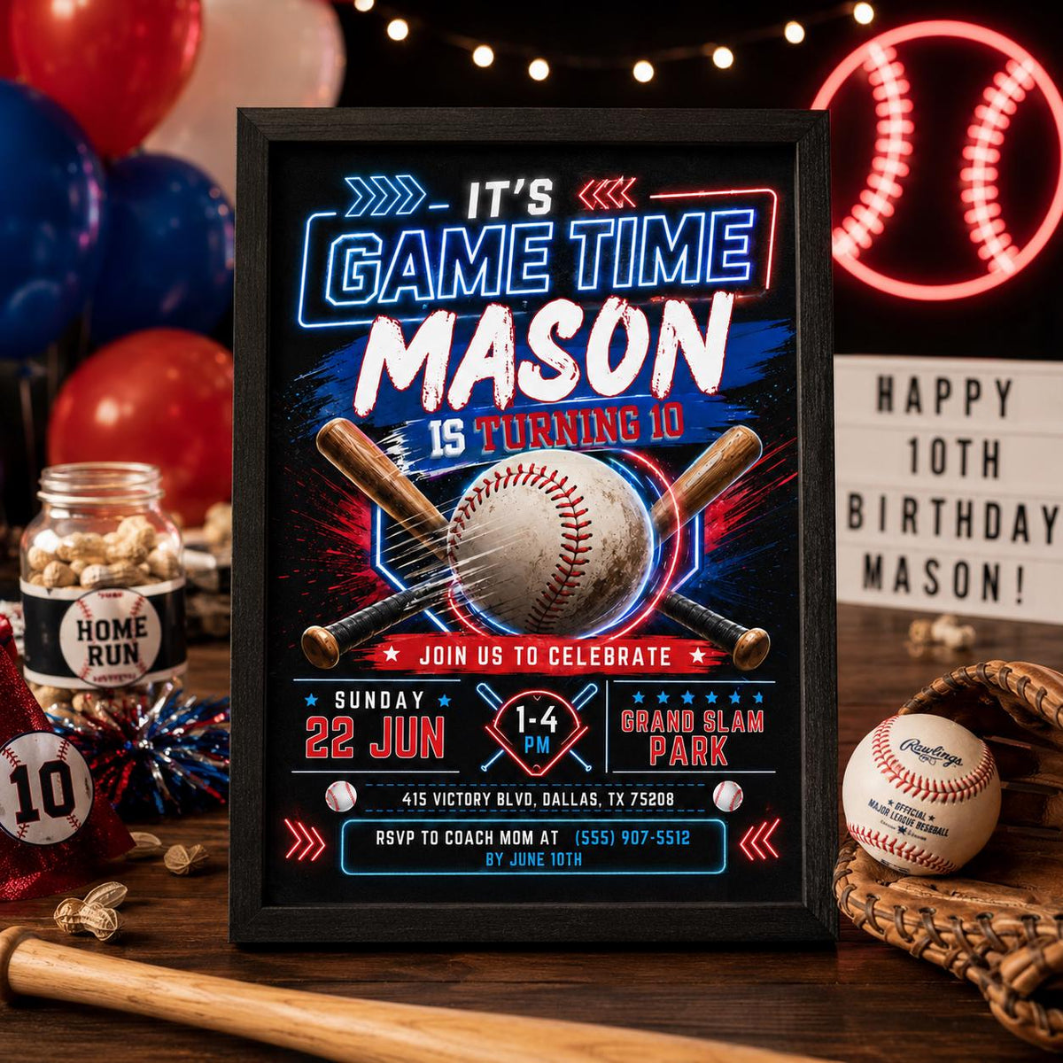 Neon Baseball 10th Birthday Invitation with Crossed Bats — print-ready 10th birthday party design from VoltBy
