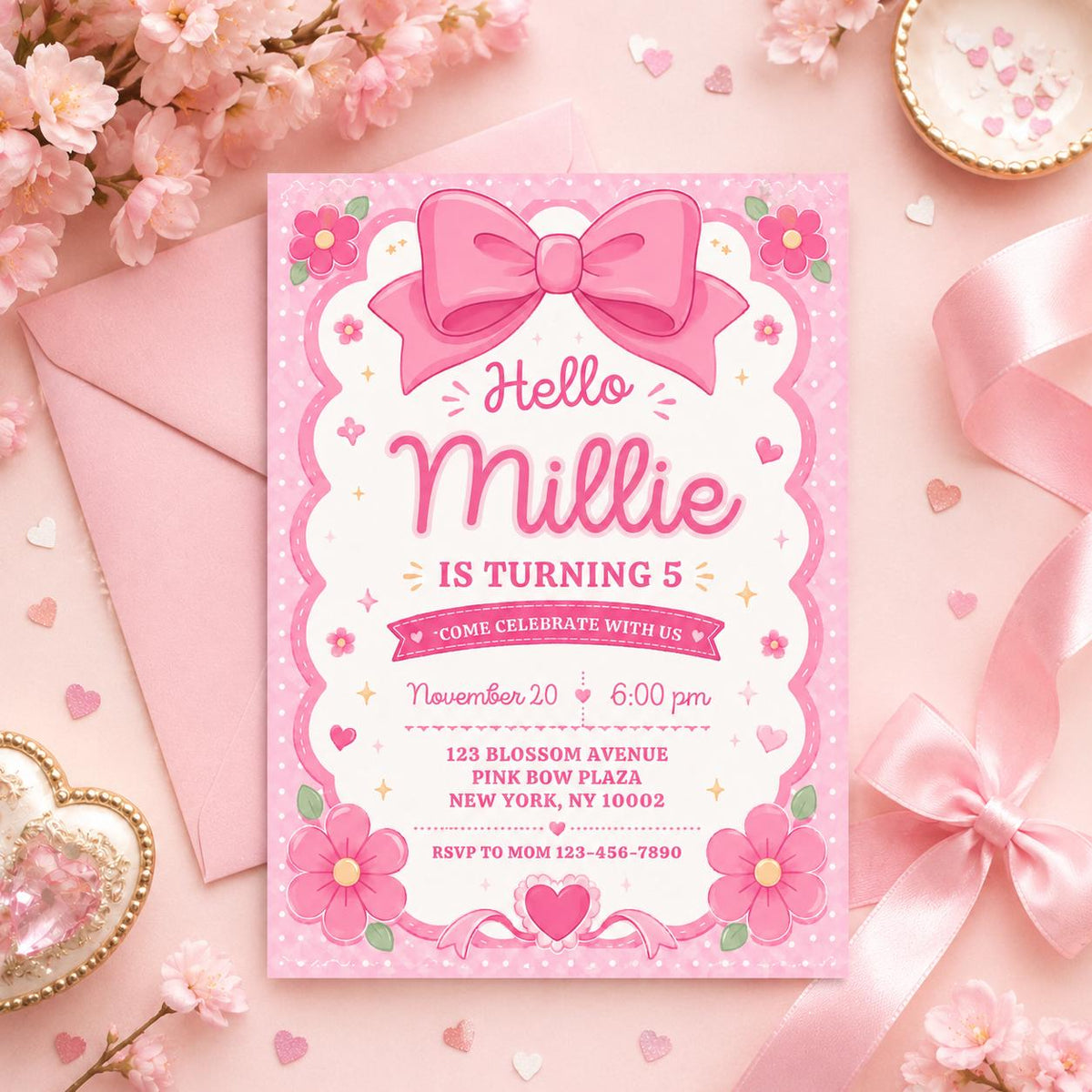 Pink Bow and Daisy 5th Birthday Invitation — 5th birthday party stationery by VoltBy