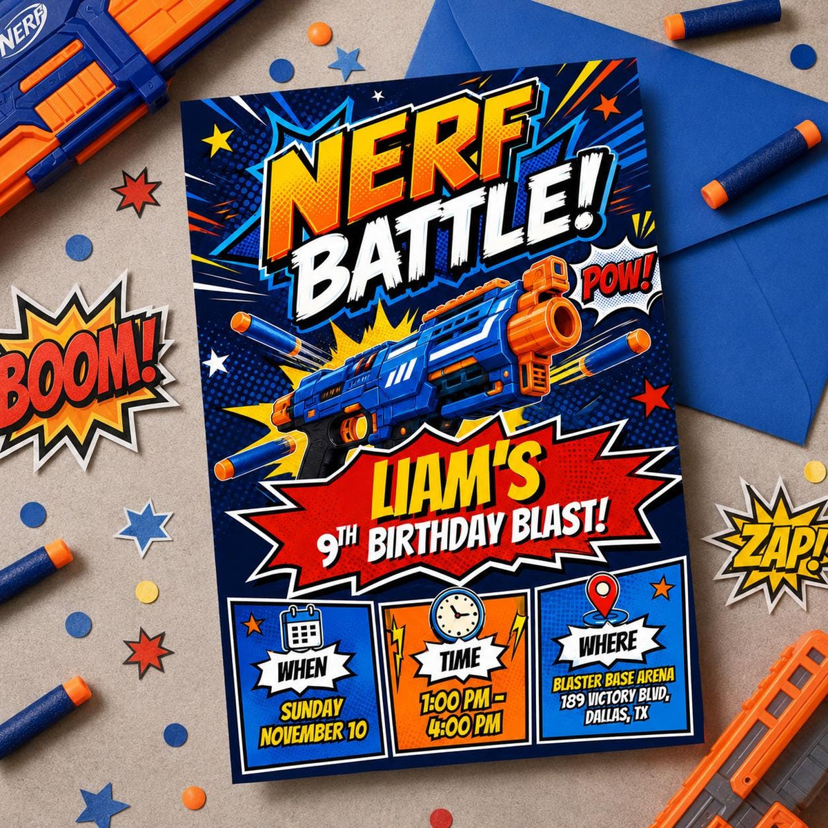 Comic Foam Dart Battle 9th Birthday Invitation — digital invitation, instant download