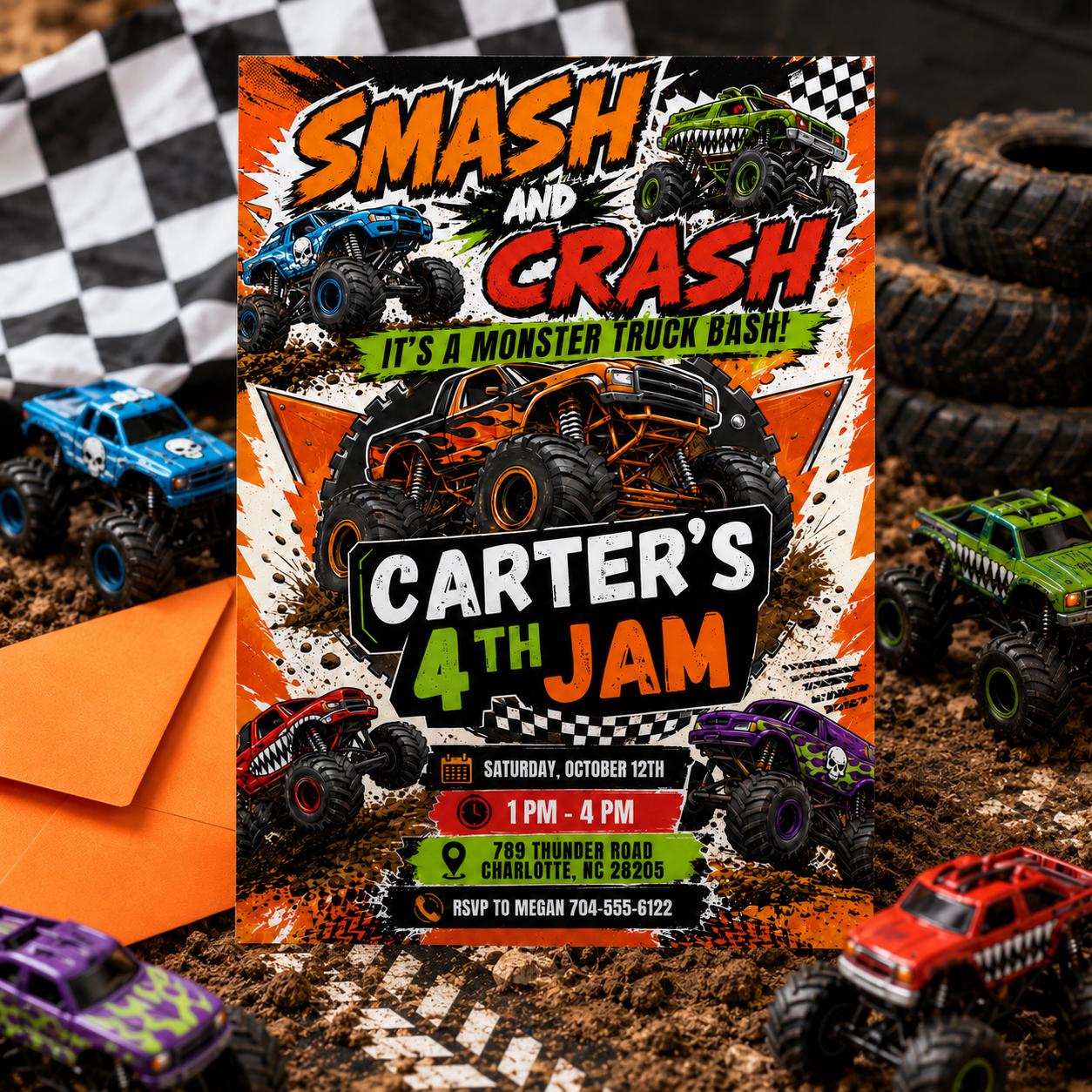 Monster Truck Birthday Invitation, Editable Boom Crash Monster, Bash Printable Invite, Trucks Birthday Template Boys Jam, any age, Canva __etsy:8078740761