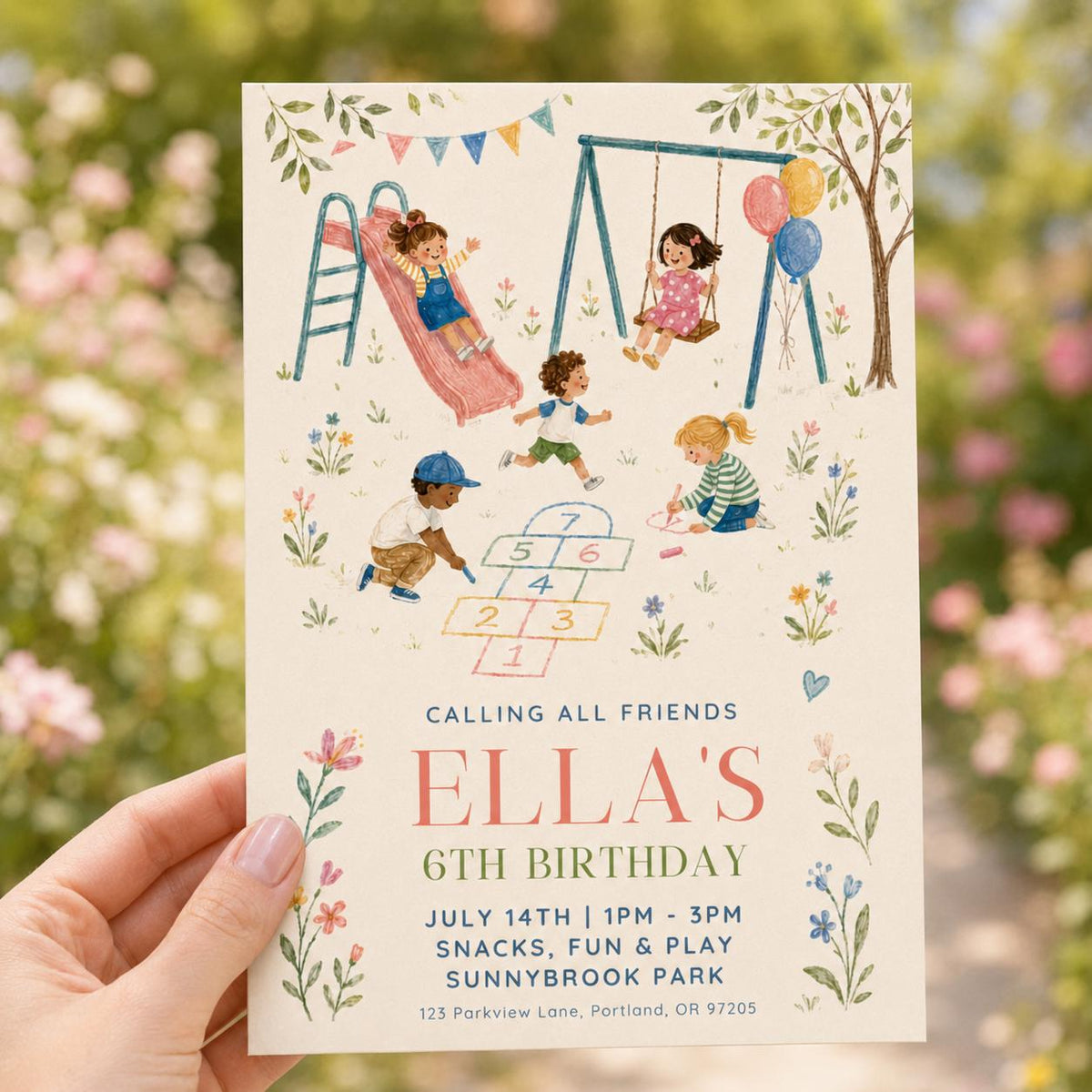 Playground 6th Birthday Invitation with Swings and Hopscotch — floral artwork in cream green