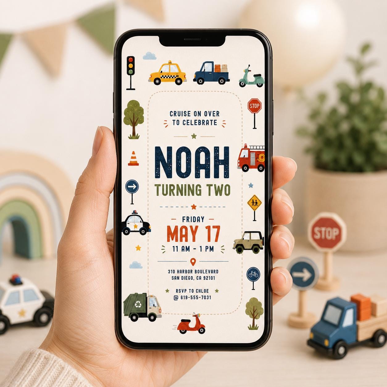 Transportation Birthday Invitation Boy, Two Two Birthday Invite, Vehicle Birthday Canva Template, Train Truck Car Birthday Party Invite __etsy:8080206243