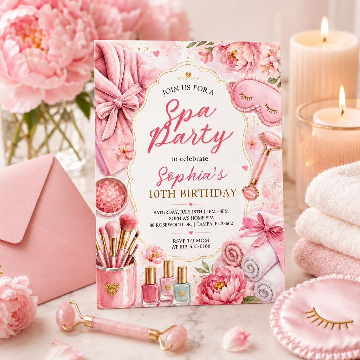Floral Spa Party 10th Birthday Invitation with Pink Bow — 10th birthday party stationery by VoltBy