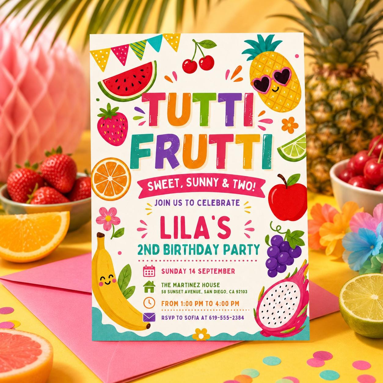 Tutti Fruitti Birthday Invitation, Two-tti Frutti 2nd Birthday Tutti Frutti Tropical Summer, Sweet, Sunny, Two! Canva Template __etsy:8080619971