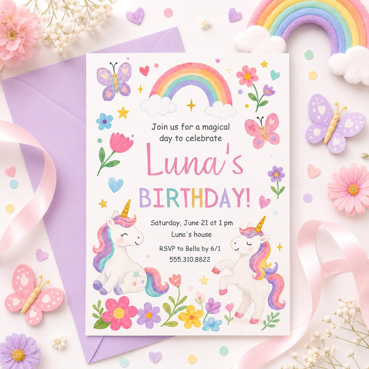 Hand-Drawn Unicorn Birthday Invitation with Rainbow and Butterflies — print-ready birthday party design from VoltBy