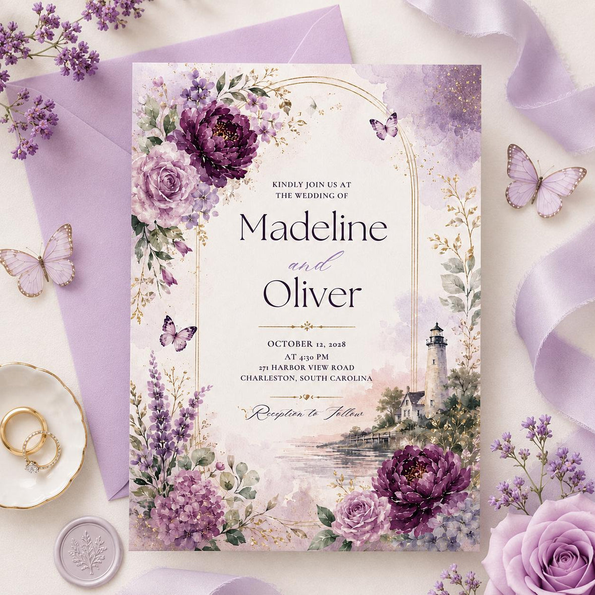 Purple Coastal Lighthouse Wedding Invitation — print-ready wedding design from VoltBy