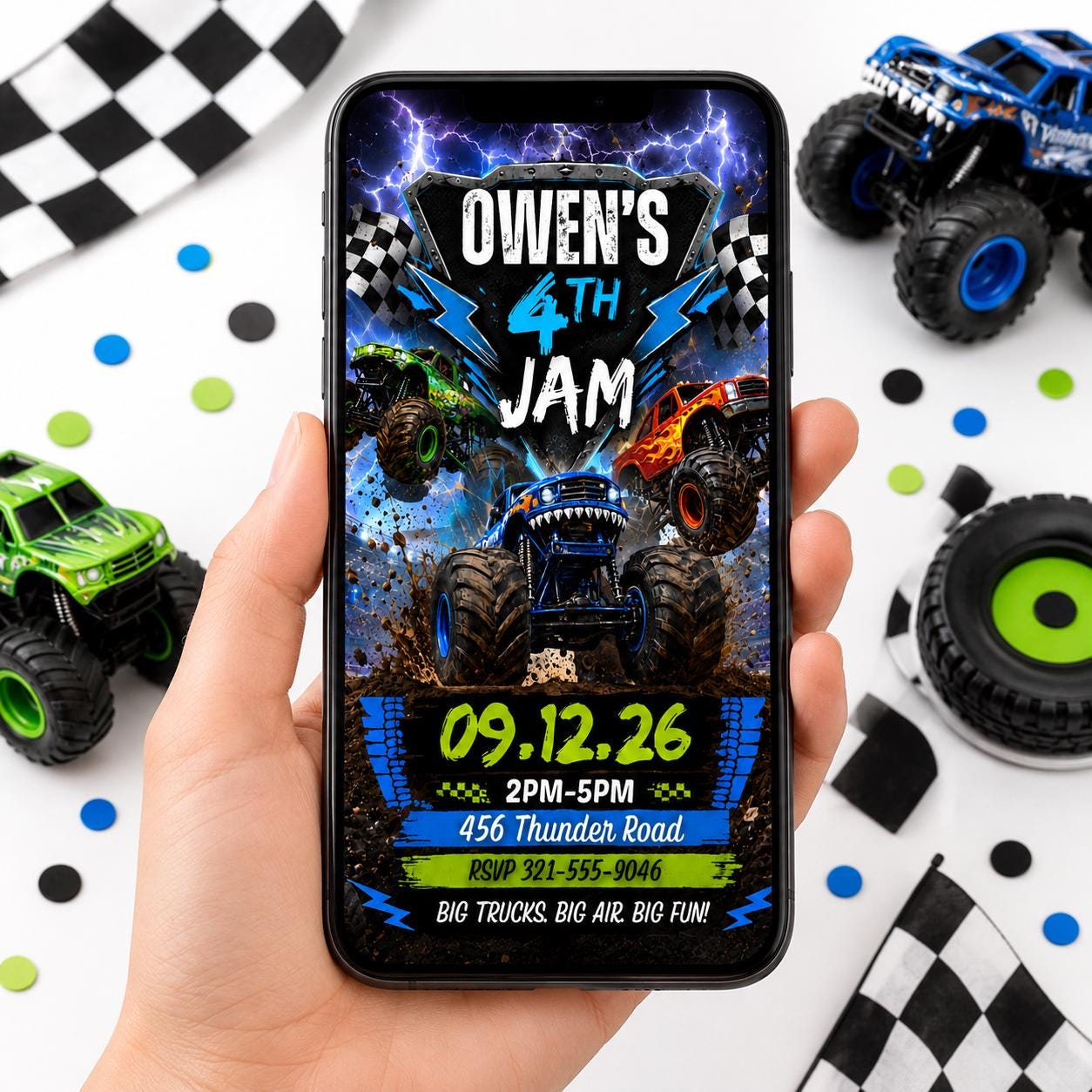 Monster Truck 4th Birthday Jam Invitation with Lightning — print-ready 4th birthday party design from VoltBy