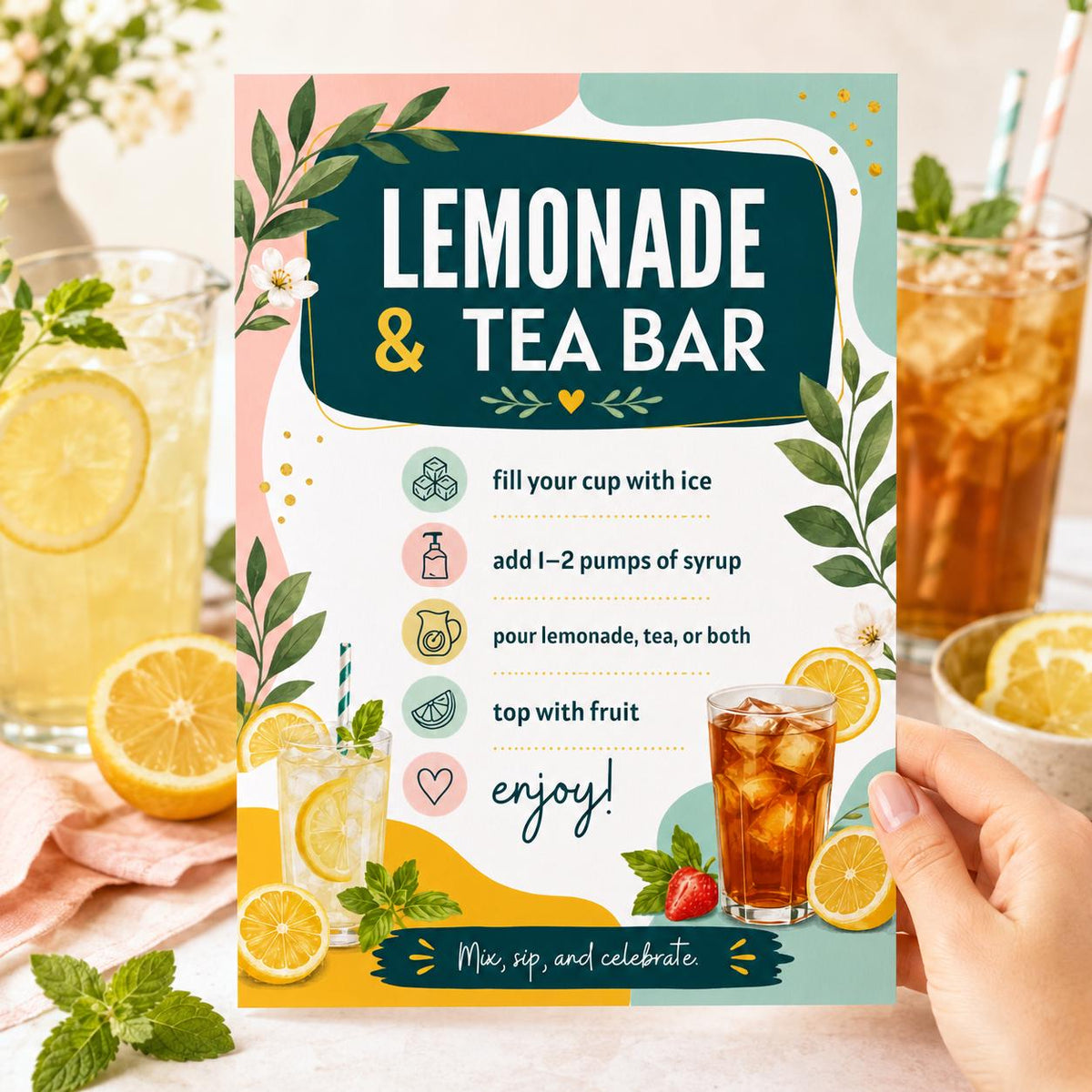 Lemonade and Tea Bar Recipe Sign — print-ready graduation party design from VoltBy