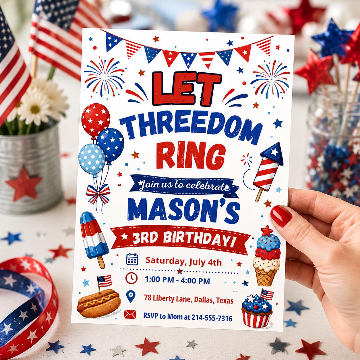 Let Threedom Ring 3rd Birthday Invitation Printable Boy, Patriotic Birthday, 4th of July Birthday, 250th Anniversary, All American Boy Canva __etsy:8084424701