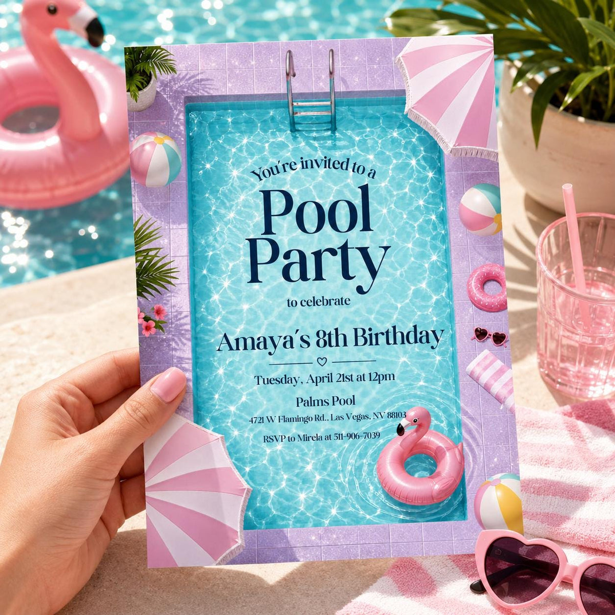 Pool Party 8th Birthday Invitation with Pink Striped Border — print-ready 8th birthday party design from VoltBy