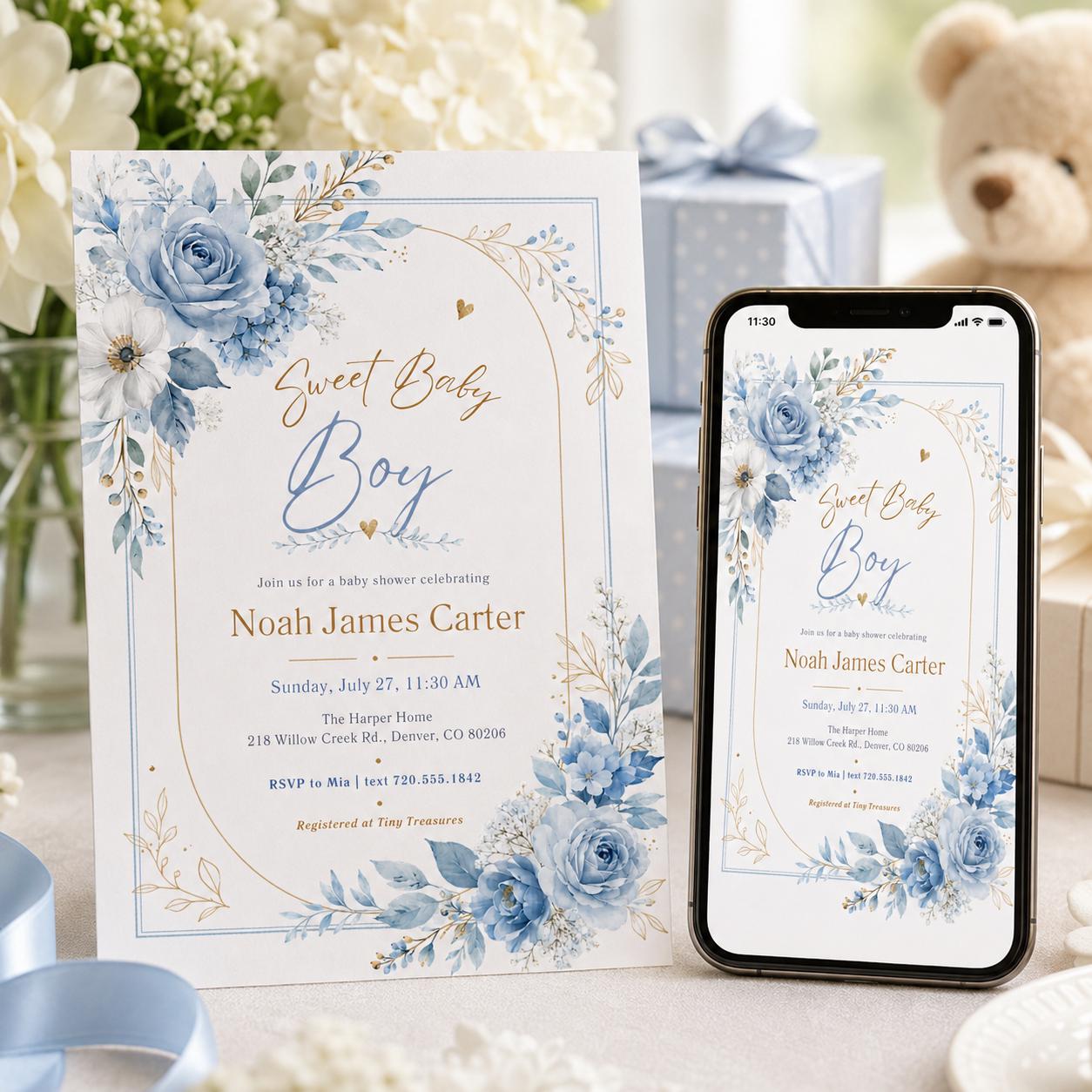 Editable Baby Shower Invitation, Boy Baby Clothes Baby Shower Invite, A Sweet Baby Boy is on his way Laundry Blue Greenery, Canva Template __etsy:8085398223
