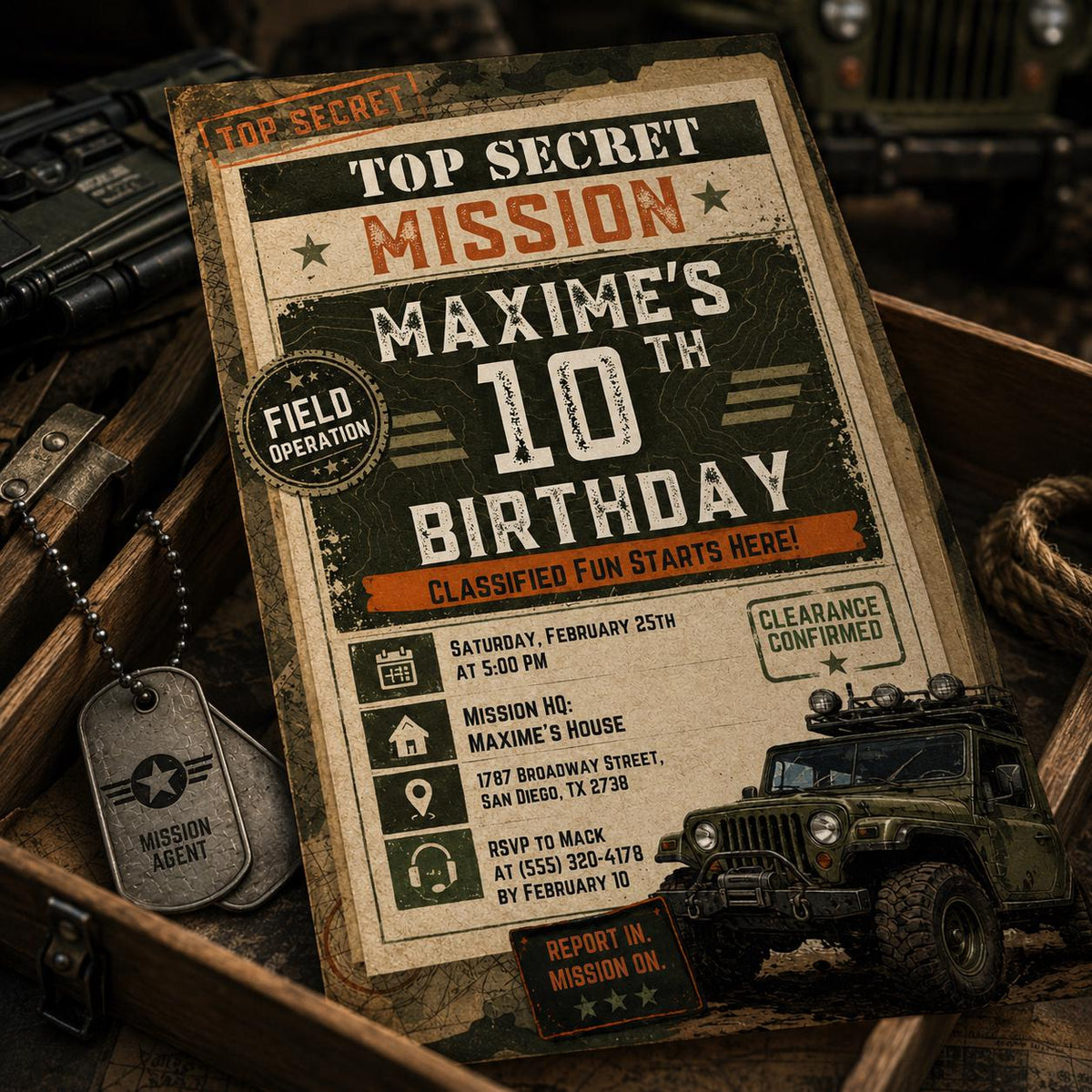 Top Secret Army Mission 10th Birthday Invitation — print-ready 10th birthday party design from VoltBy