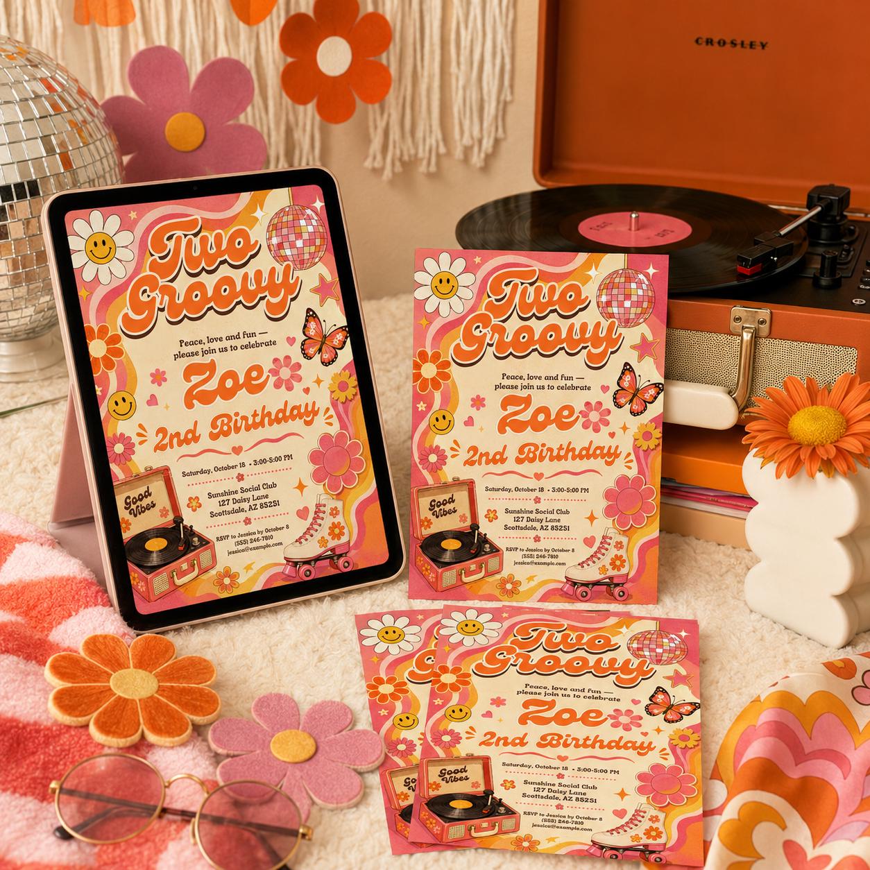 Two Groovy 2nd Birthday Invitation Template, Two Groovy Birthday Invitation Hippie Van Editable Two Groovy Invite Groovy Decorations Hippie __etsy:8097667717