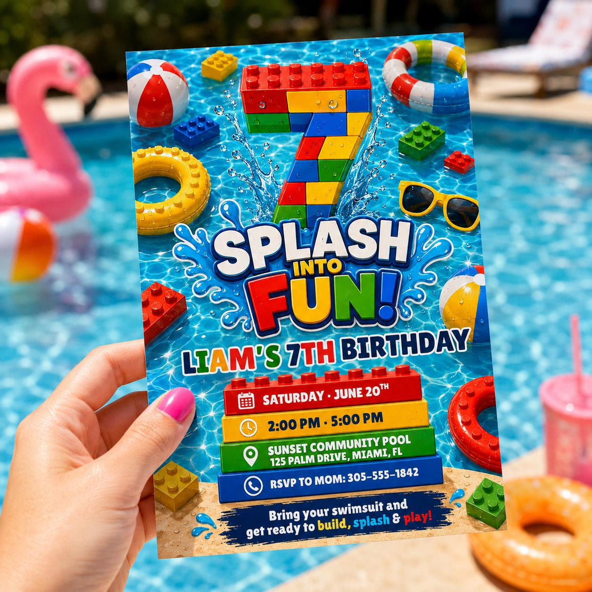 Editable Pool Birthday Invitation, Building Blocks Splash Party Canva Template, Kids Summer Digital Invite