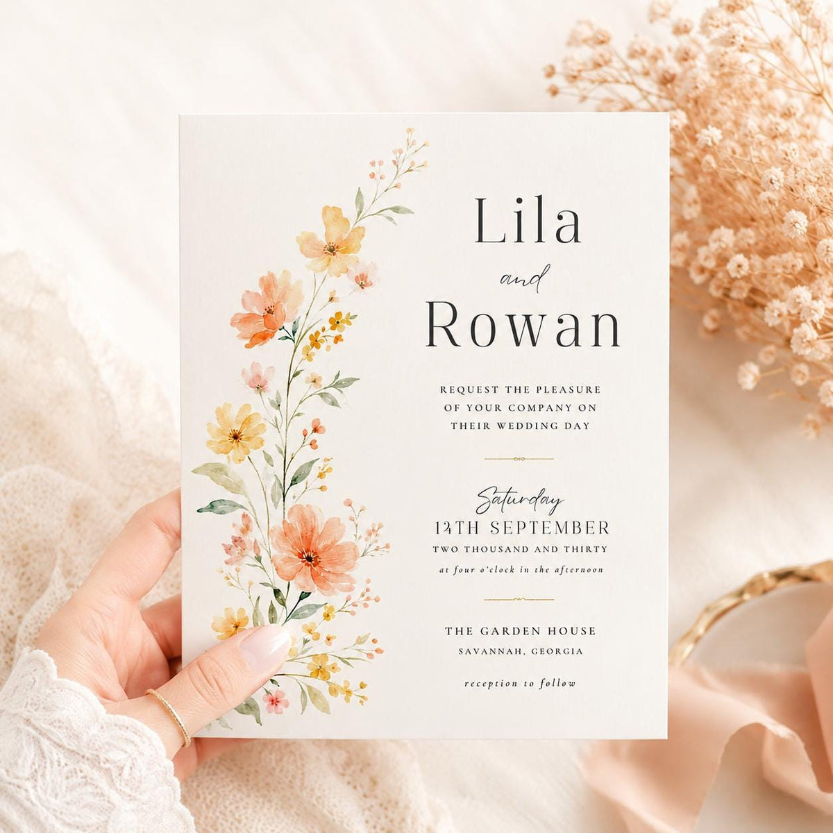 Peach Wildflower Wedding Invitation with Side Border — space artwork in green