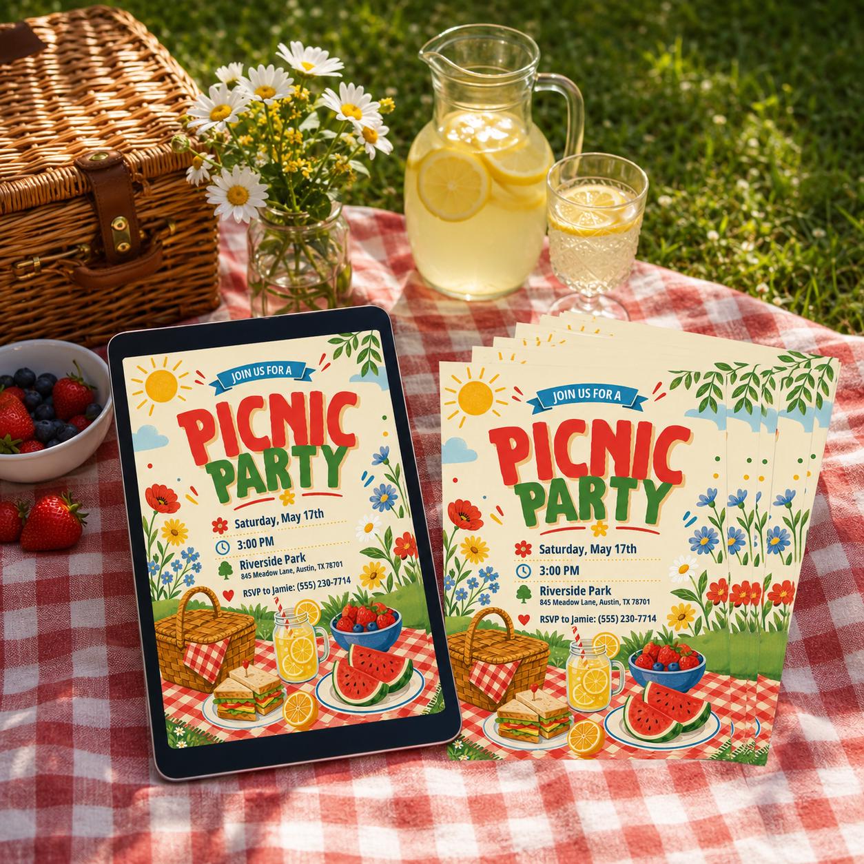 Picnic Invitation, Editable Canva Summer Party Invite, Summer Park Party Invitation, Outdoor Party Invite, Picnic Birthday invitation __etsy:8101359717