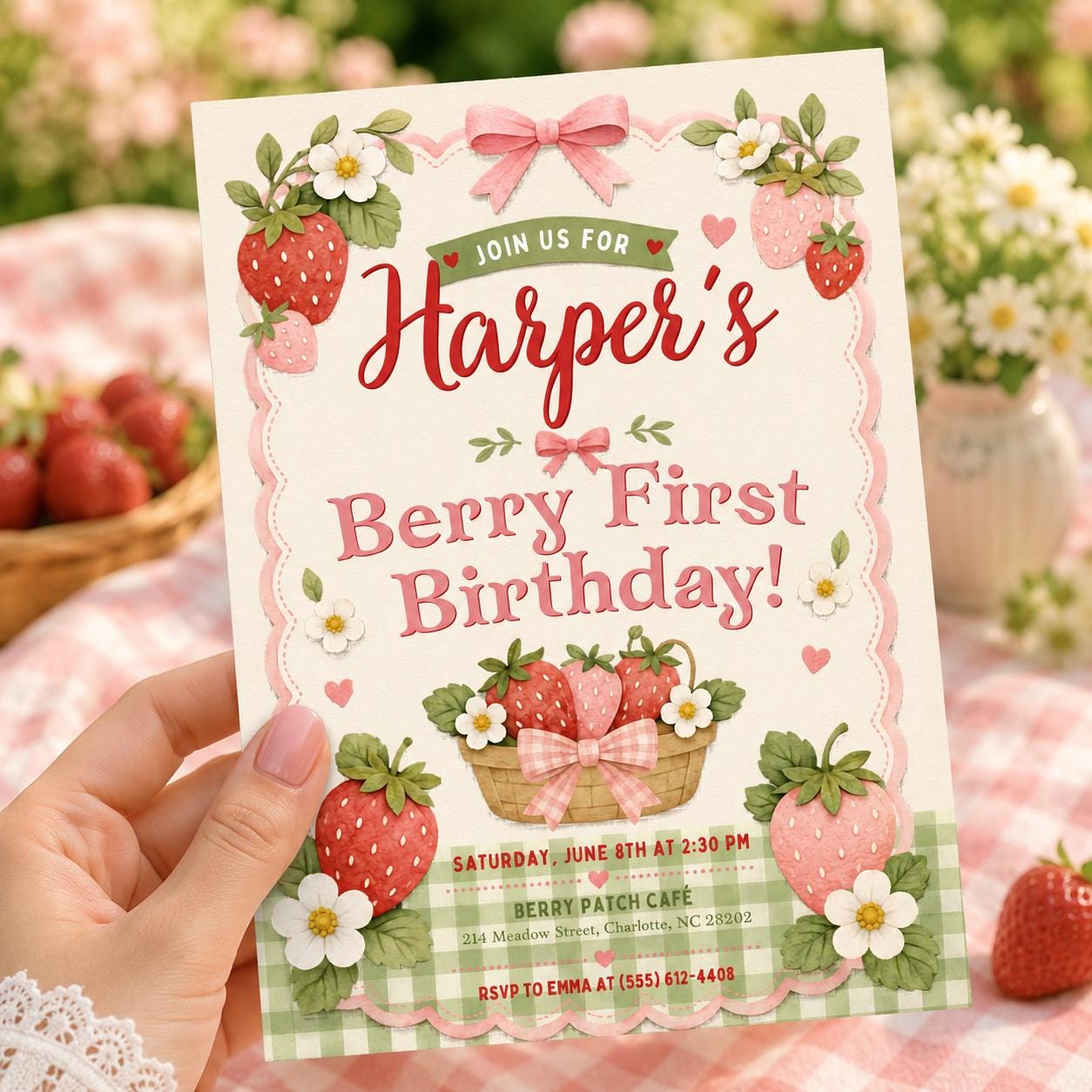 Editable Canva Invitation Berry First Birthday Party, Berry First Birthday Invitation, Editable 1st Birthday Girl Invite, Canva Template __etsy:8101843127