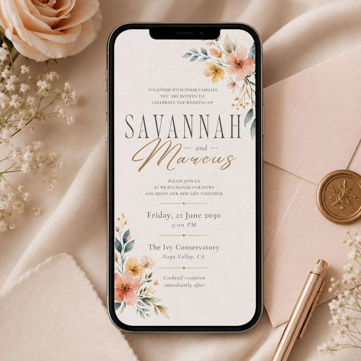 Peach Corner Florals Wedding Invitation — wedding stationery by VoltBy