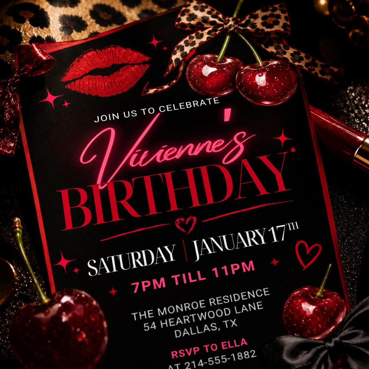 Black Coquette Cheetah Print Birthday Invitation: Let’s Get Wild Birthday — birthday party stationery by VoltBy
