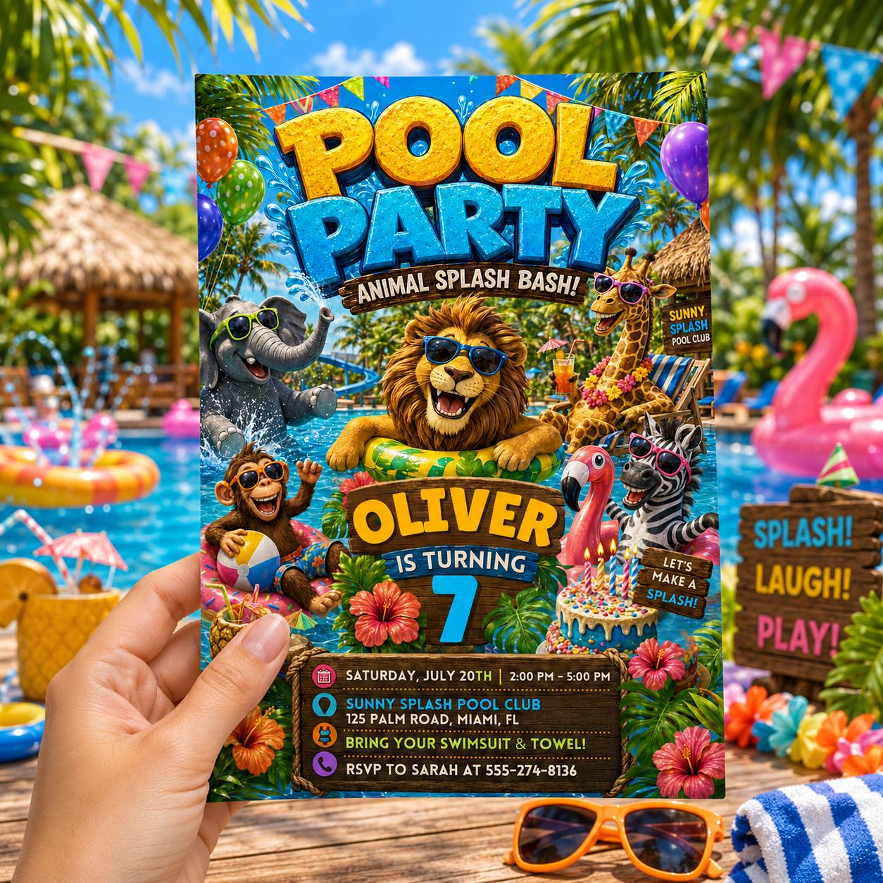 Pool Party Invitation, Animal Splash Bash, Safari Calling All Party Animals Birthday Invitation: Editable Zoo Party Invite, Canva Template __etsy:8104181383