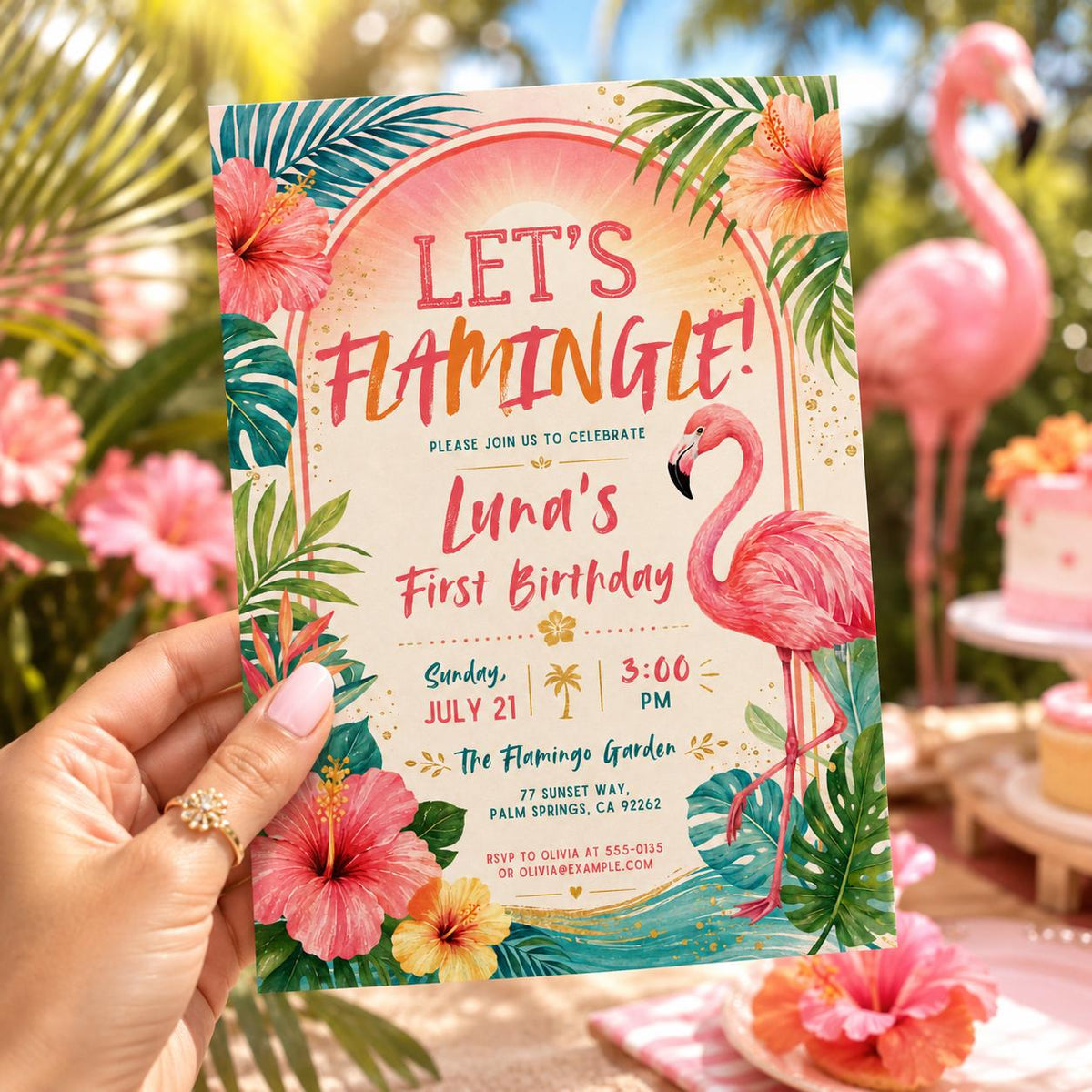 Let's Flamingle First Birthday Invitation — flamingo and hibiscus artwork in coral and green