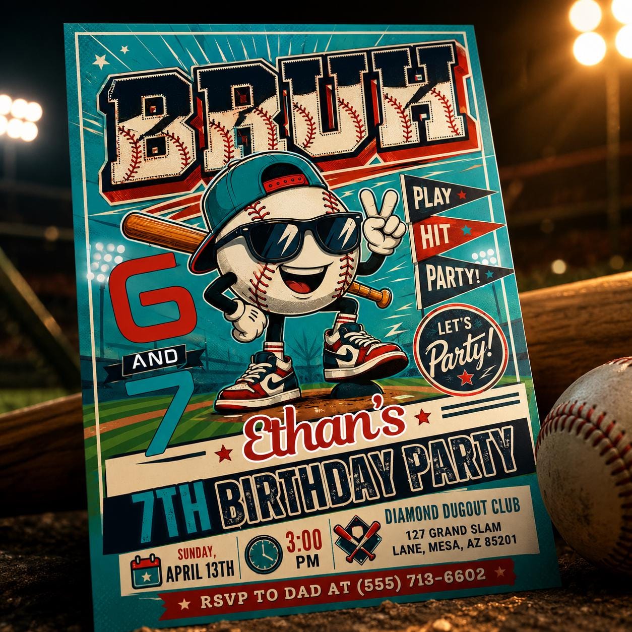 Baseball Ice Cream Drip Invitaion, Bruh Six Seven Meme Party Invite, 7th Birthday Boys Sports Invitation, Editable Canva Template __etsy:8105514671