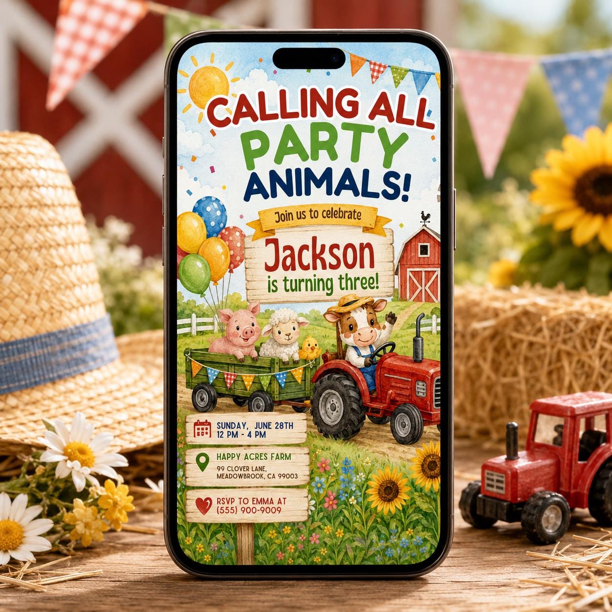 Editable Pink Farm Birthday, farm theme invite, barn animals with party hats, Farm Animals Birthday Invitation, Kids Ranch Party, Canva __etsy:8107266891