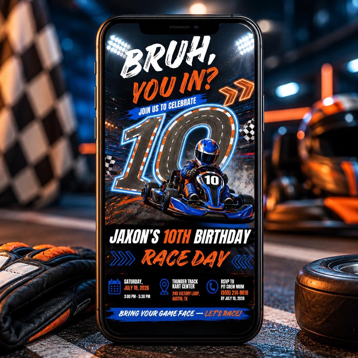 Go-Kart Birthday Invitation Template | Editable Canva Design for Kids Party | Fun Racing Theme with 'BRUH YOU IN?' Phrase, Racing Track __etsy:8107416931