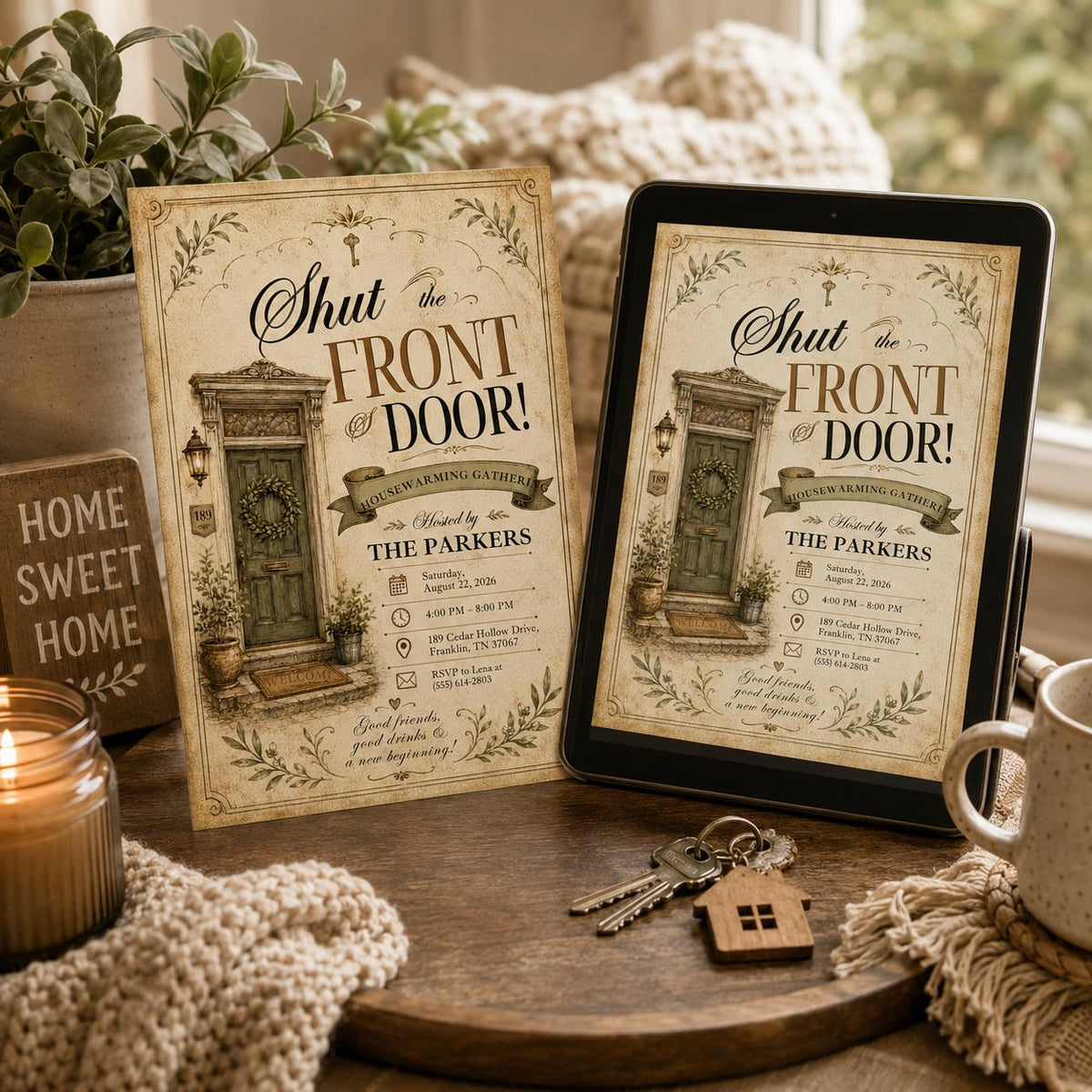 Vintage Shut the Front Door Housewarming Invitation — housewarming stationery by VoltBy