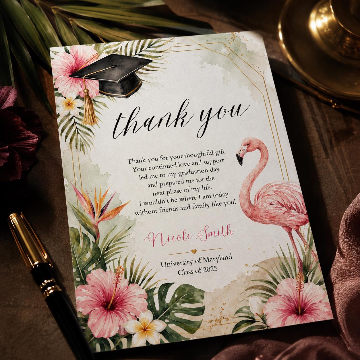 Graduation Thank You Card Template, Tropical Flamingo Design, Printable Graduate Confetti Thank You, Editable Modern Grad Thank You Note __etsy:8111095877