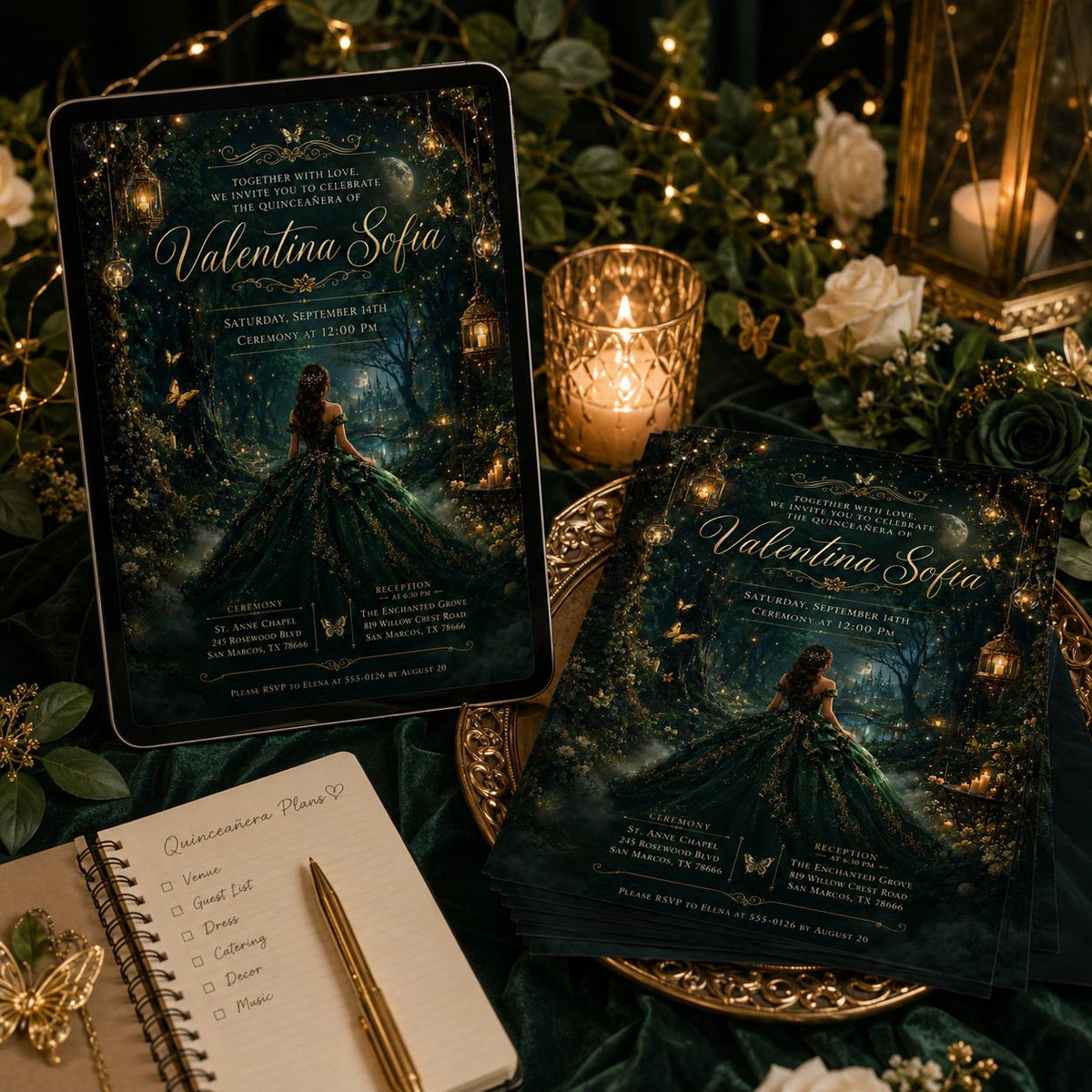Enchanted Forest Quinceañera Invitation with Emerald Gown — quinceañera stationery by VoltBy