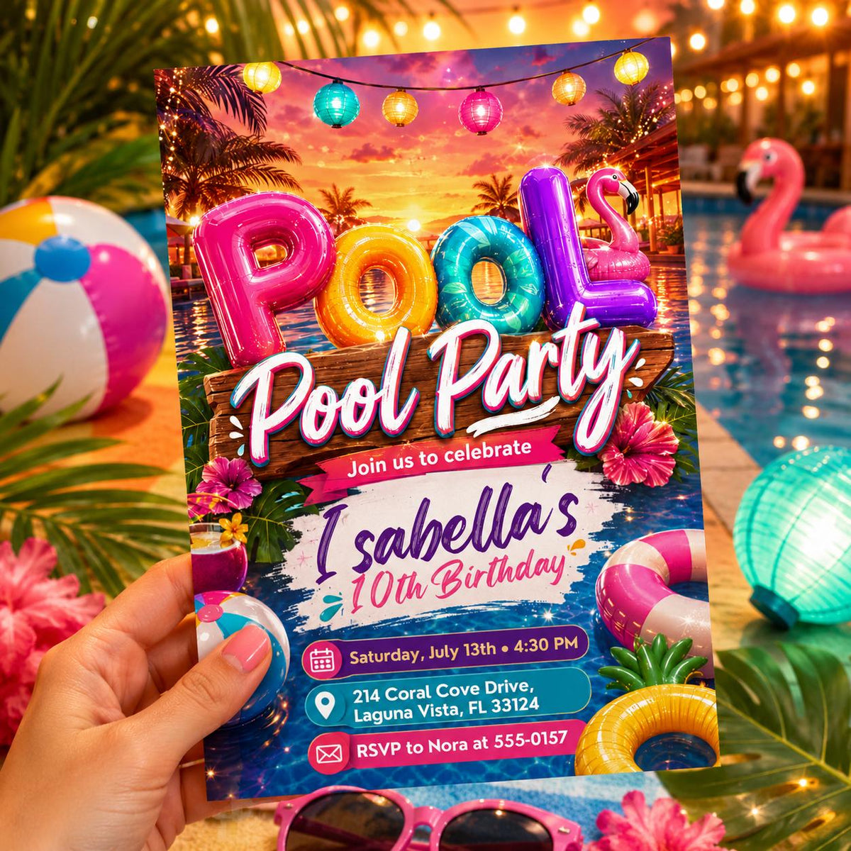 Sunset Pool Party 10th Birthday Invitation with Balloon Letters — 10th birthday party stationery by VoltBy