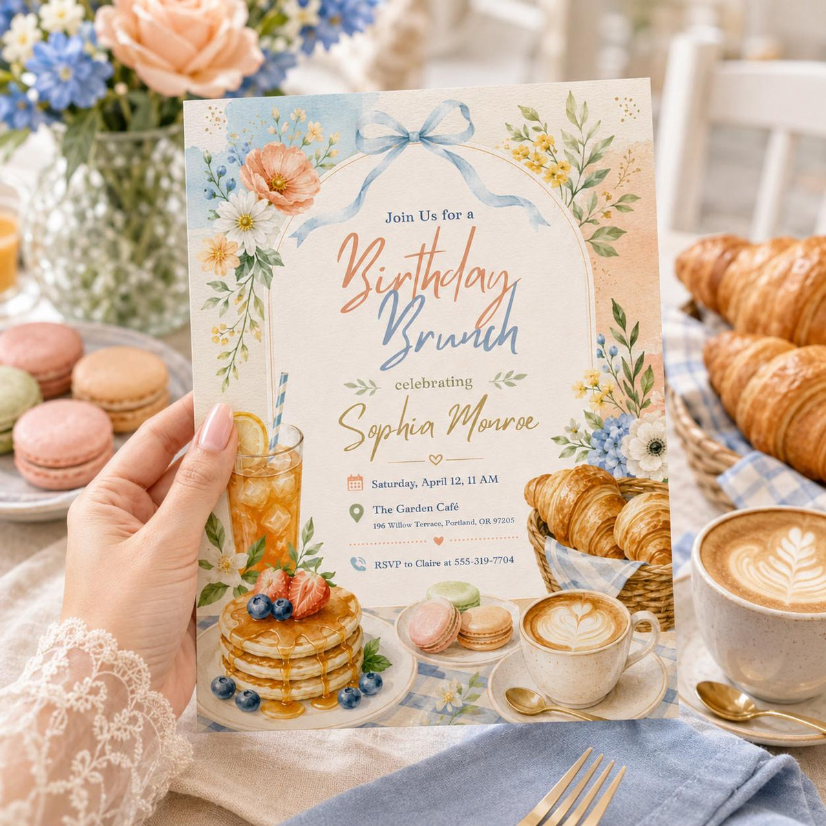 Watercolor Birthday Brunch Invitation with Blue Bow — baking artwork in cream
