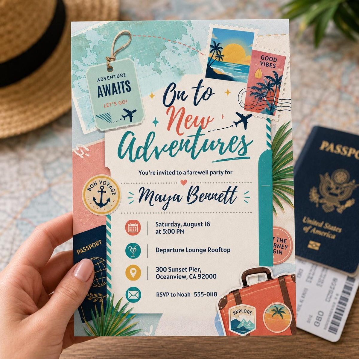 On to New Adventures Farewell Invitation with Travel Stamps — print-ready farewell design from VoltBy