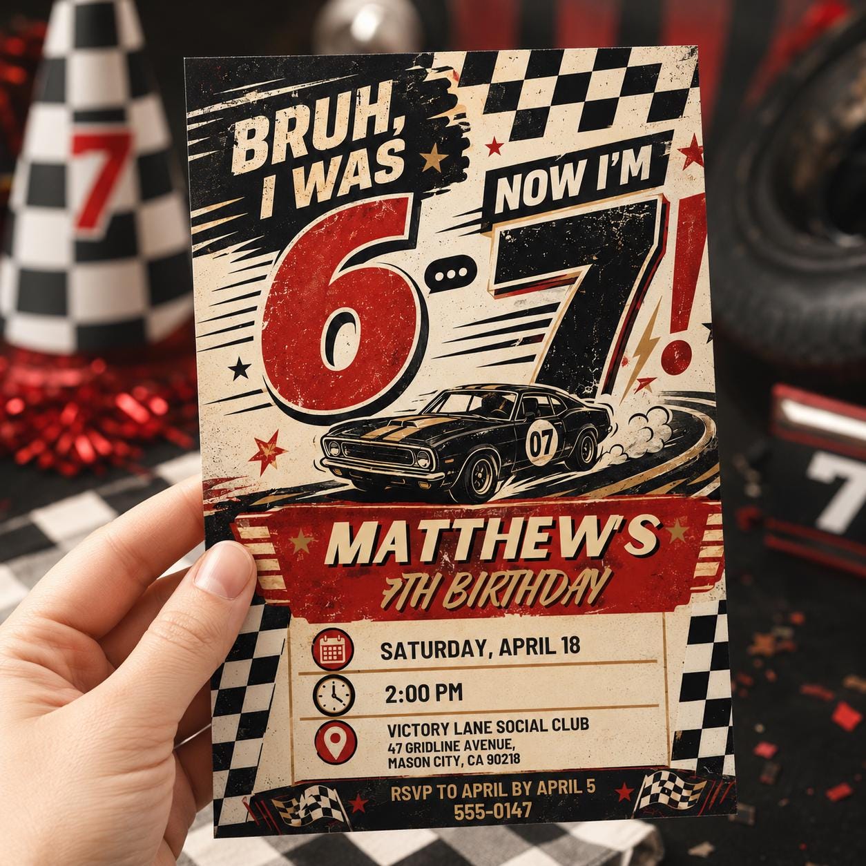 Race Car 7th Birthday Invitation: Six Seven Meme Birthday for Boys — design view 2