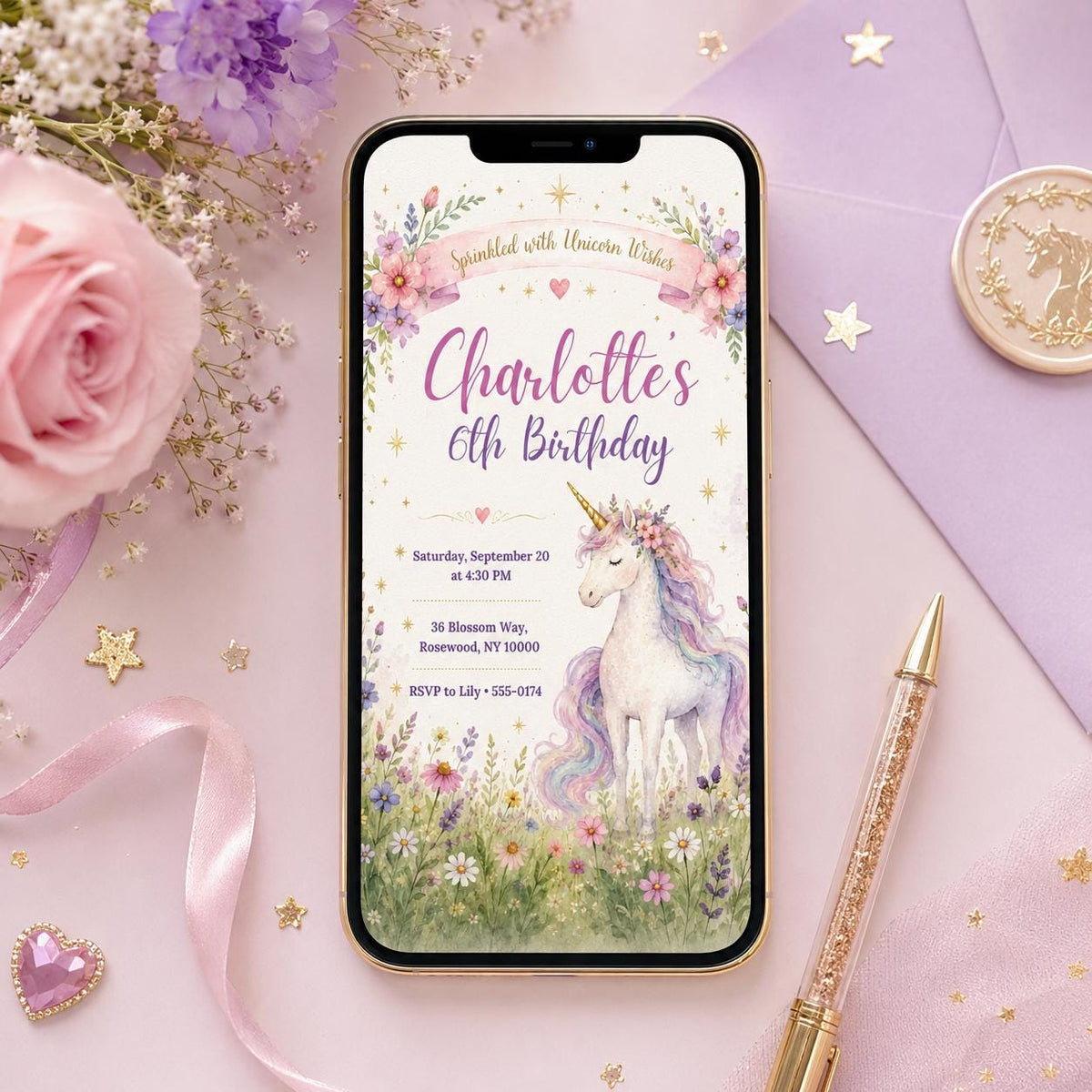Watercolor Unicorn 6th Birthday Invitation with Meadow Flowers — 6th birthday party stationery by VoltBy