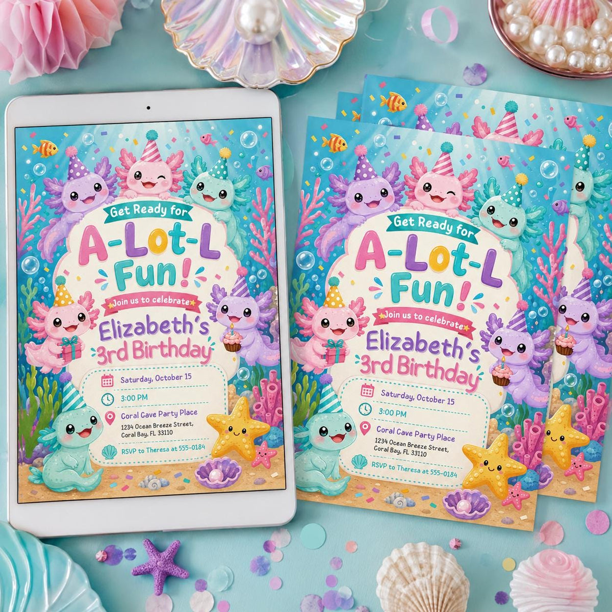 A-Lot-L Fun Axolotl 3rd Birthday Invitation — 3rd birthday party stationery by VoltBy