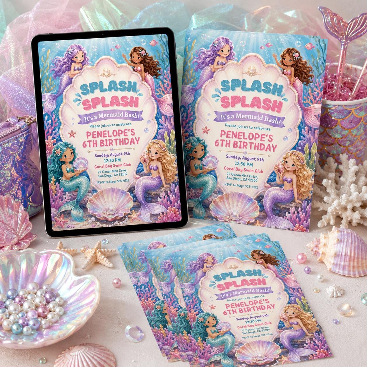 Mermaid Birthday Invitation, Splash Bash Summer Birthday, Water Slide Pool Party Invite, Pink Girly Summer Birthday, Editable Canva Template __etsy:8120421931