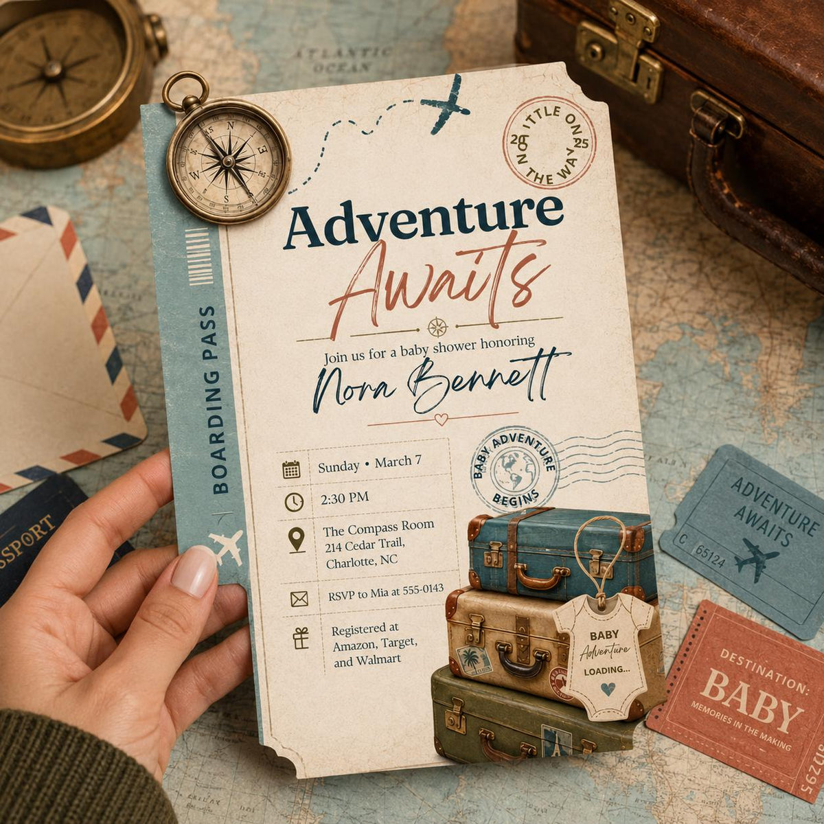Adventure Awaits Travel Baby Shower Invitation — earth and passport artwork in beige and blue