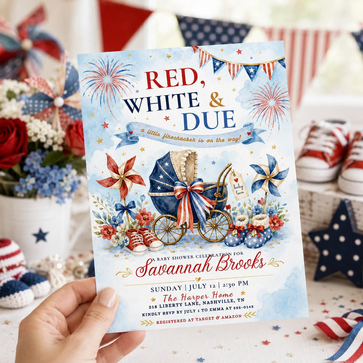 Red White and Due Baby Shower Invitation with Pram — print-ready baby shower design from VoltBy