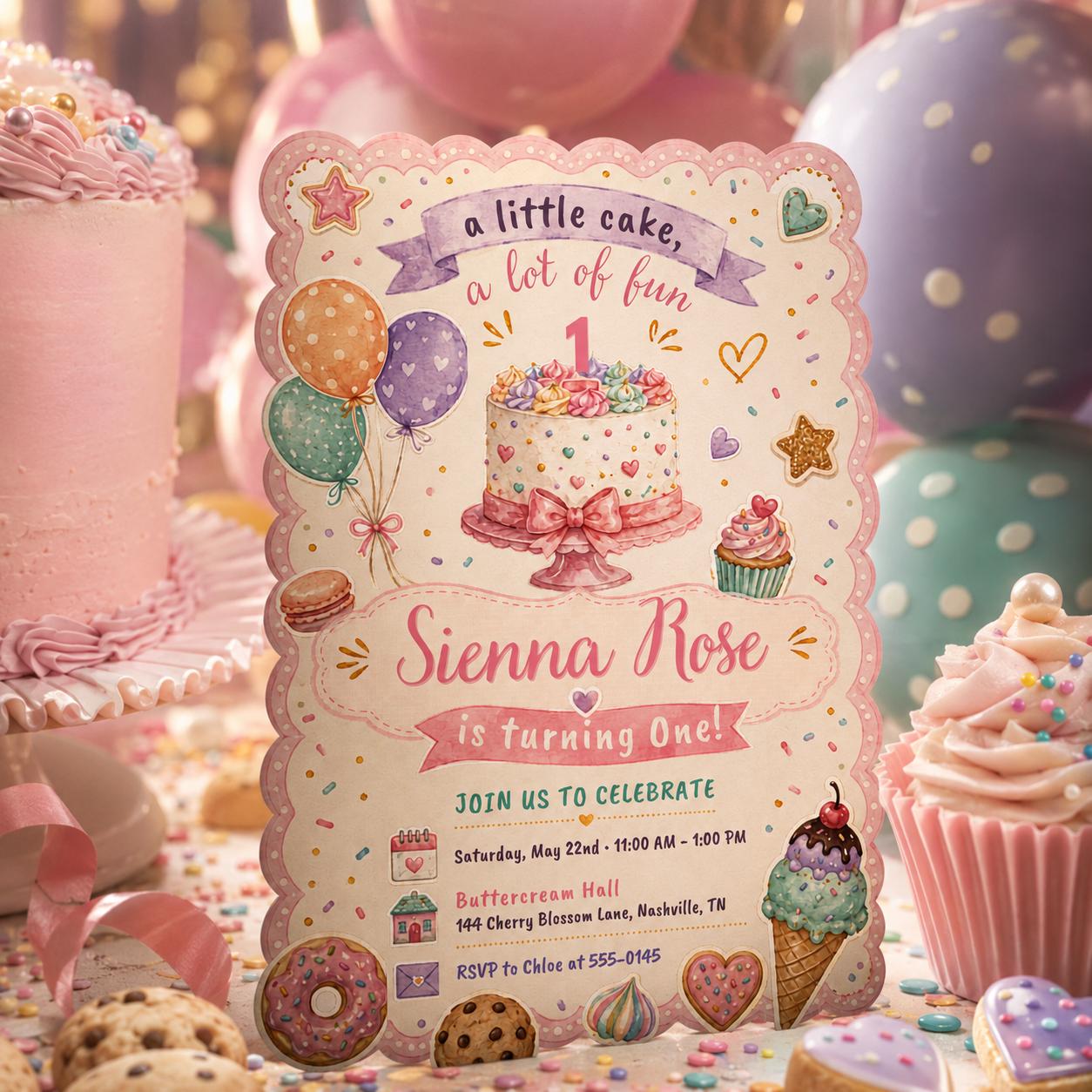 Printed Pink Cake Party Invitation, Girl First Birthday Invite, 1 Year Old, Watercolor Green Candle Balloons Hat, Classic Preppy Traditional __etsy:8128872605