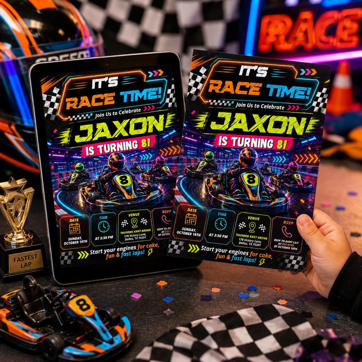 Neon Go-Kart Racing 8th Birthday Invitation — race car artwork in blue and green