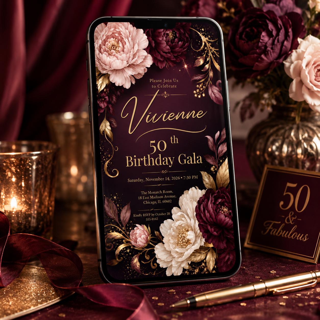 Elegant 50th Birthday Gala Invitation, Burgundy Gold Floral Canva Template, Editable Milestone Party Invite __etsy:8172005475