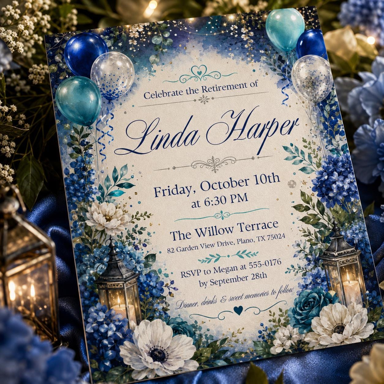 Retirement Party Invitation Blue Balloon Theme Printable Retirement Celebration Invite for Men and Women, Editable Canva Template (Digital) __etsy:8179494763
