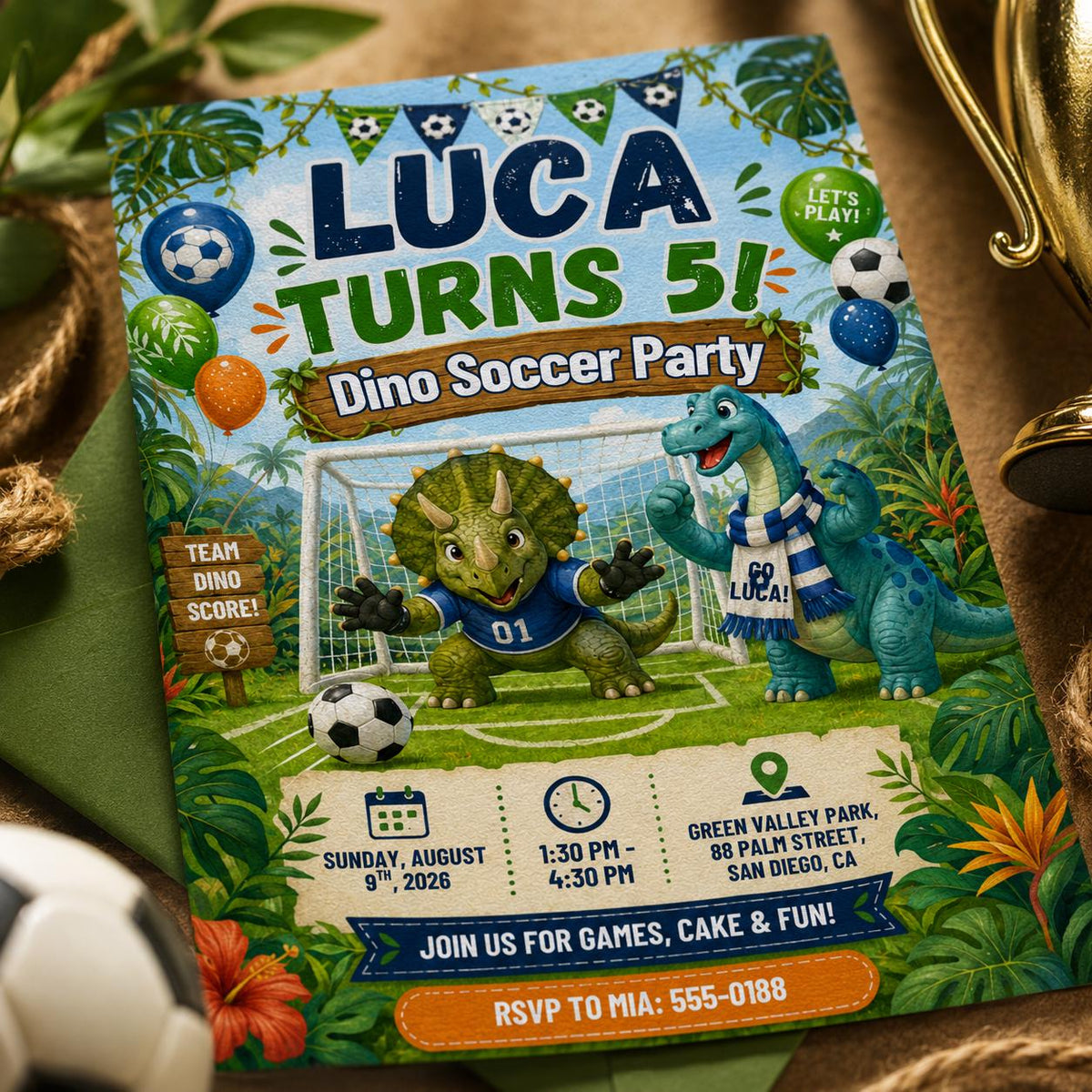 Watercolor Dino Soccer Party 5th Birthday Invitation for Boys — 5th birthday party stationery by VoltBy